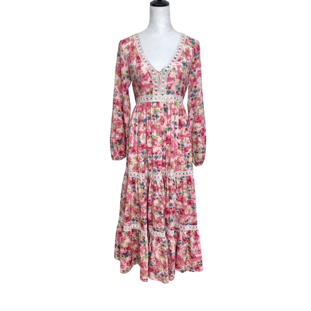 Cottagecore Floral Tiered Maxi Dress w/ Pockets Baevely Size Medium Boho Summer